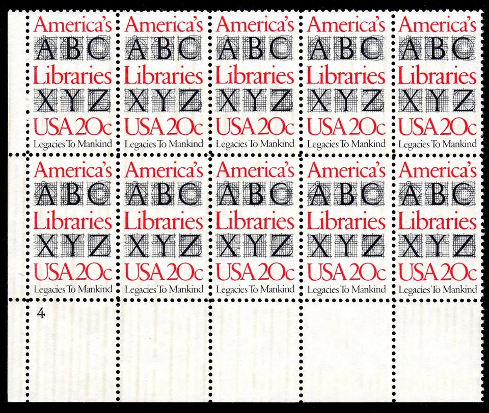 Scott #2015 America's Libraries Plate Block of 10 Stamps - MNH P#4 LL - Image 1 of 1