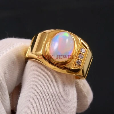 Anillo de plata de ley 925 chapado en oro con piedras preciosas de ópalo natural para hombre #3579 Foto 1 de 3