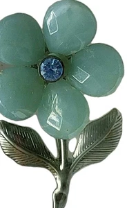 Vintage Green Blue Daisy Flower Brooch Pin Silver Tone 1 3/4" Jewelry Spring - Picture 1 of 7