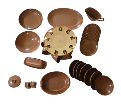 Conjunto Vintage 42 Peças Marrom Melmac Preguiçoso Susan Prato de Manteiga Molho Barco - Imagem 1 de 4