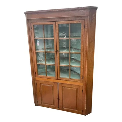 Early 20th Century Antique Pine Wood Corner Cabinet, Hand Blown Glass Panes! - Image 1 of 4