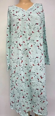 NWT Croft & Barrow Long Sleeve Nightgown Knit Cotton Blend Women Mint Cardinals - Image 1 of 4