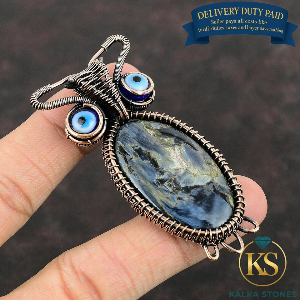 Copper Oval Natural Pietersite Blue Color Evil Eye Owl And Wire Wrapped Pendant - Image 1 of 4
