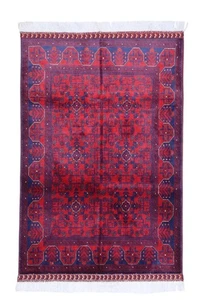 Hand-Knotted Bokharai Afghani Wool Rug | Red & Blue 3'4" x 4'9" - Picture 1 of 6
