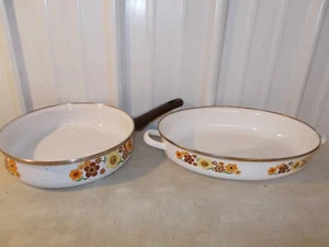 Vintage 70s Harvest Blossom Porcelain Enamel Cookware SKILLET OVAL ROASTER PAN - Picture 1 of 6