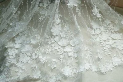 3D Flower Embroidered Sequin Lace Fabric Off White DIY Wedding Bridal Dress 1YD