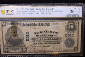 1902 $5, Louisville, KY., National Currency Note. PCGS Graded VF-20. Store#30065 - Picture 1 of 2