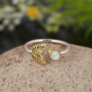 Dual Tone Sterling Silver Adjustable Leaf Ring With Opal Engagement Ring Jewelry - Picture 1 of 5
