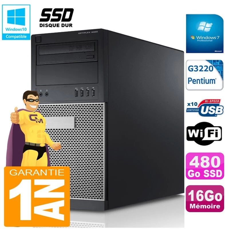 PC tour DELL 9020 Intel G3220 RAM 16Go Disco 480 Go SSD Grabador DVD Wifi W7 - Imagen 1 de 1