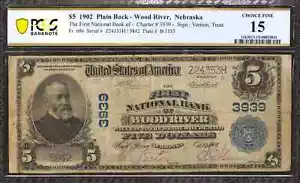1902 $5 FIRST NATIONAL BANKNOTE CURRENCY WOOD RIVER NEBRASKA PCGS 15 FINE (353H) - Picture 1 of 2