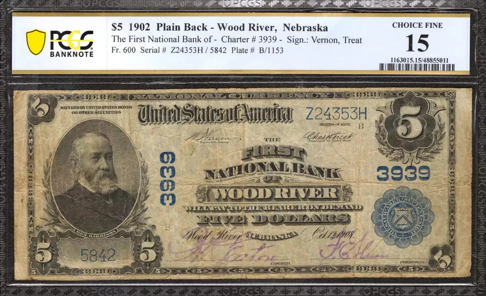 1902 $5 FIRST NATIONAL BANKNOTE CURRENCY WOOD RIVER NEBRASKA PCGS 15 FINE (353H) - Image 1 of 2