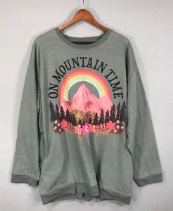 Natural Life Sweatshirt Womens 2XL Green Graphic Pullover Boho Crew Neck Pockets - Picture 1 of 15
