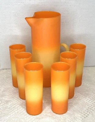 Vtg Blendo Set MCM Candy Corn Pitcher & 6 High Ball Tumblers West Virginia Glass - Image 1 of 4