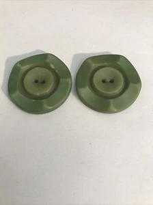 Two 1 3/8” Vintage Green Beveled BAKELITE BUTTONS 2-hole Round Flat (+) Test - Picture 1 of 7