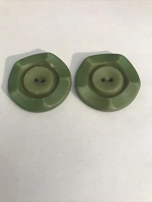 Two 1 3/8” Vintage Green Beveled BAKELITE BUTTONS 2-hole Round Flat (+) Test - Image 1 of 4