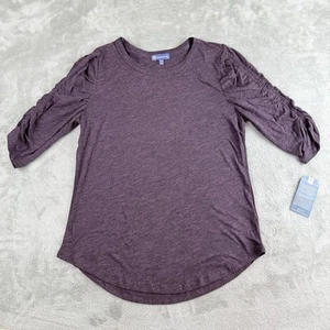 Democracy Top Womens Medium Petite Dark Purple Heathered Shirred 3/4 Sleeve NEW - Picture 1 of 14