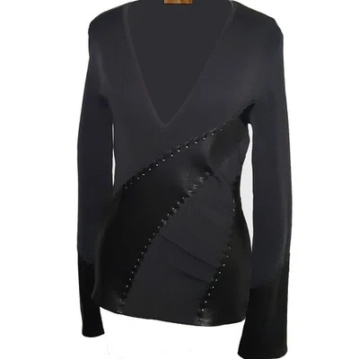 Essendi Size 1 Small Black Rayon Knit Faux Leather Buckskin Night Club Glam Top - Image 1 of 4