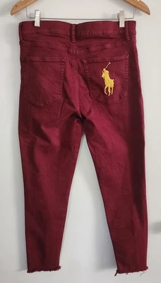 Pantalones de mezclilla Polo Ralph Lauren Tompkin Borgoña ajustados tiro alto 28 logotipo grande granate  Foto 1 de 4