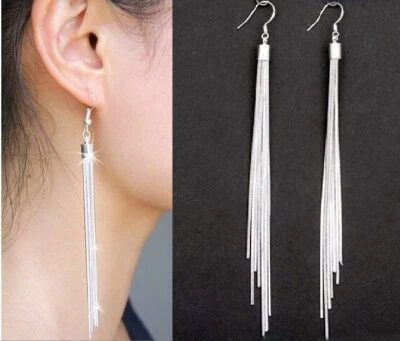 Orecchini Donna Cerimonia Matrimoni Pendenti a 7 Fili Tono Argento Feste Estate - Immagine 1 di 4