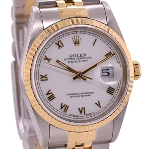 ROLEX DATEJUST 16233 TWO-TONE UNISEX WATCH WHITE INDEX DIAL 18 K FLUTED JUBILEE - Picture 1 of 10