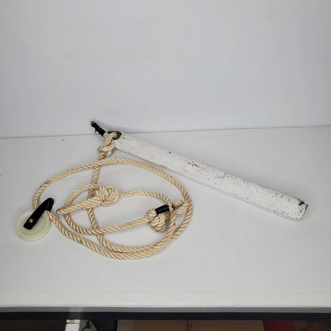 Vintage Window Weight Antique Painted White Cast Iron w Nylon Rope Pulley System Cover