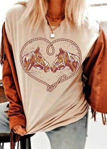 T shirt femme coeur chevaux rodéo graphique western cowgirl top tees - Photo 1/4