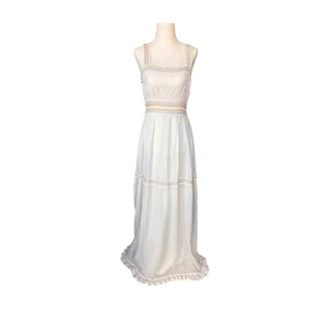 Maxi Vestido De Colección Años 70 Pradera Boho Cottagecore Crema Bordado Cintura Imperio XS/S - Imagen 1 de 6