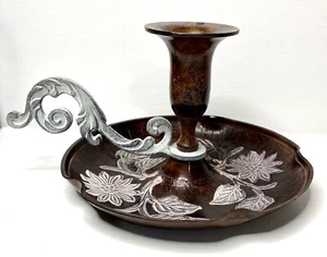 Candle Stick Etched With Flowers made in India Chambermaid Type 4” Wood - Picture 1 of 11