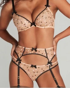 NWT Agent Provocateur Garter Belts Supender Brie Sheer Beige Black Polka Dot 4 M - Picture 1 of 7