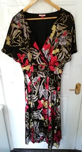 Joe Browns 16 schwarz rot grau Samt Devore Style Wickelkleid gefüttert Blatt Design - Bild 1 von 11