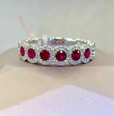 2Ct Lab Created Ruby  Half Eternity Wedding Band 14K White Gold Finish - Image 1 of 4