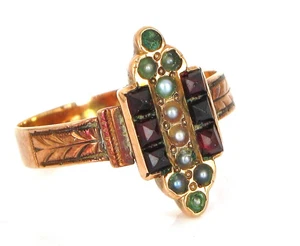 ANTIQUE BEAUTIFUL 10K YELLOW GOLD DAINTY RING SEED PEARL RED GREEN STONE S5 1.5G - Picture 1 of 1