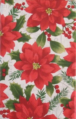 Poinsettias, Holly and Berries Vinyl Flannel Back Tablecloth Var Sizes - Image 1 of 4