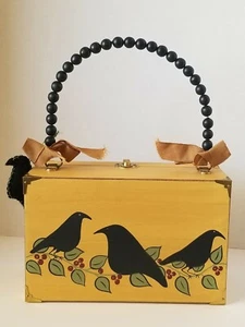 Blossom Bucket Primitive Style Wooden Purse Handbag Decor Black Crows Country - Picture 1 of 8