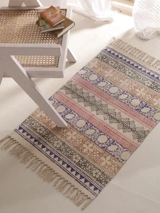 Handwoven Cotton Block Print Rug Multicolor Floral Floor Carpet Mat for Bedroom - Picture 1 of 7