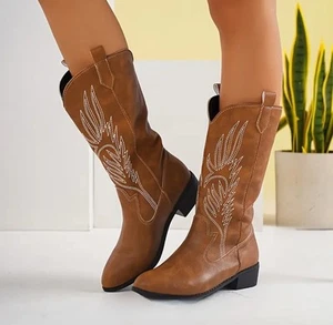 COWBOY Boots Womens, Size 6, Tan With White Stitch Detail, Brand New Item - Picture 1 of 5