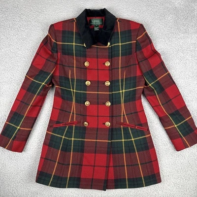 VTG Lauren Ralph Lauren Red Green Plaid Tartan Wool Coat Jacket Women's 6 RARE - Image 1 of 4