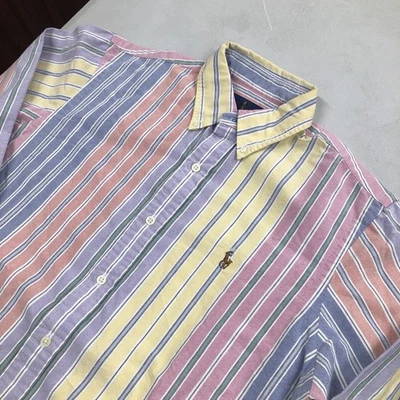 Camisa Polo Ralph Lauren Masculina LS Oxford Bloco de Cor Pastel Listrada Tamanho M - Imagem 1 de 4