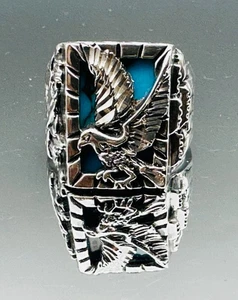 VTG Majestic Navajo Blue Gem TURQUOISE EAGLE STERLING RING sz 10.5 12.9 Gr VGC - Picture 1 of 14