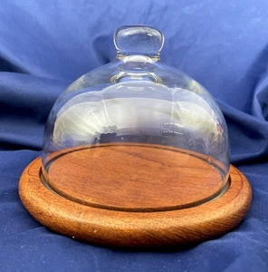 VTG Small Glass Cloche Dome with VTG Teak Wood Under plate Cheese Saver - Picture 1 of 7