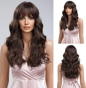 Parrucche Lunghe Marroni Ondulate da Donna Natuaral Capelli Sintetici Parrucca Resistente al Calore per Da - Foto 1 di 15