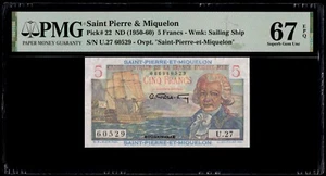 Saint Pierre & Miquelon 1950-60 - 5 Francs P#22 - PMG Superb Gem UNC 67 EPQ - Picture 1 of 2
