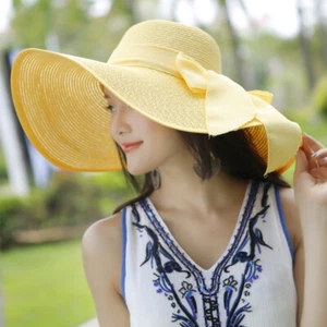 Women's Summer Bow Large Floppy Folding Wide Brim Cap Sun Straw Beach Hat New - Picture 1 of 35