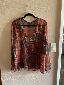 New NWT Karen Kane  Long Sleeve Sheer Stretch Autumn Silk Print Top Sz Large $88 - Picture 1 of 11