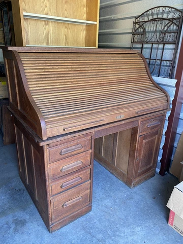 Antique Oak Desk with "S" Roll Top and Chair Cover