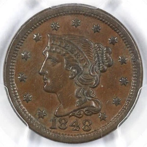 1848 1c N-13 Braided Hair Large Cent PCGS AU 55 - Picture 1 of 5