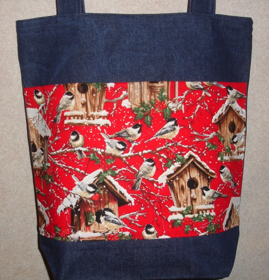 NEW Handmade Large Winter Christmas Holiday Birdhouse Chickadee Denim Tote Bag - Image 1 of 1