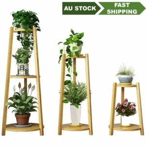 BAMBOO WOODEN SHELF PLANT STAND LADDER ORIGINAL COLOR ROUND TABLE INDOOR OUTDOOR - Picture 1 of 16