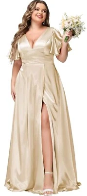 Womens Champagne Bridesmaid Satin Ruffle Sleeves Ceremony Formal Dress Sz 1X - Image 1 of 3