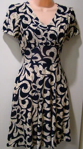 Blue & beige dress - geometric design - cap sleeve - lined - mini - Size XL - Picture 1 of 11